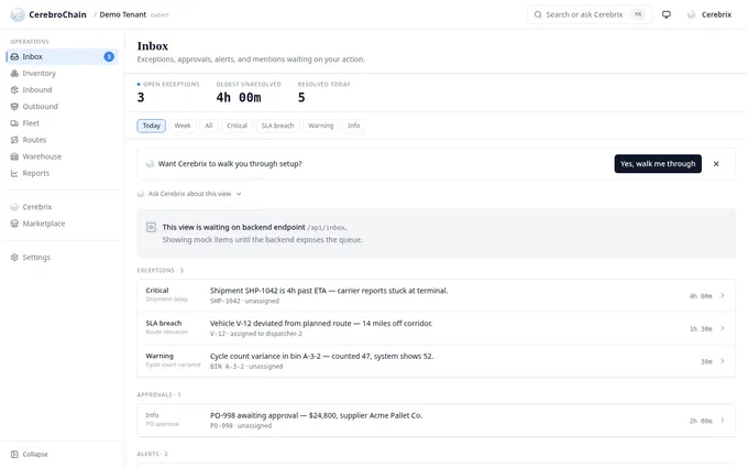CerebroChain console — Inbox view, configured for Manufacturing & MRP.