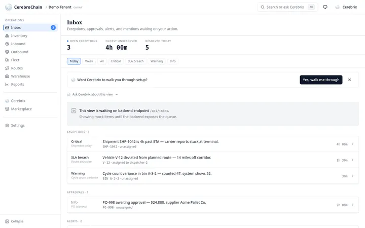 CerebroChain console — Inbox view with exceptions ranked by SLA risk.