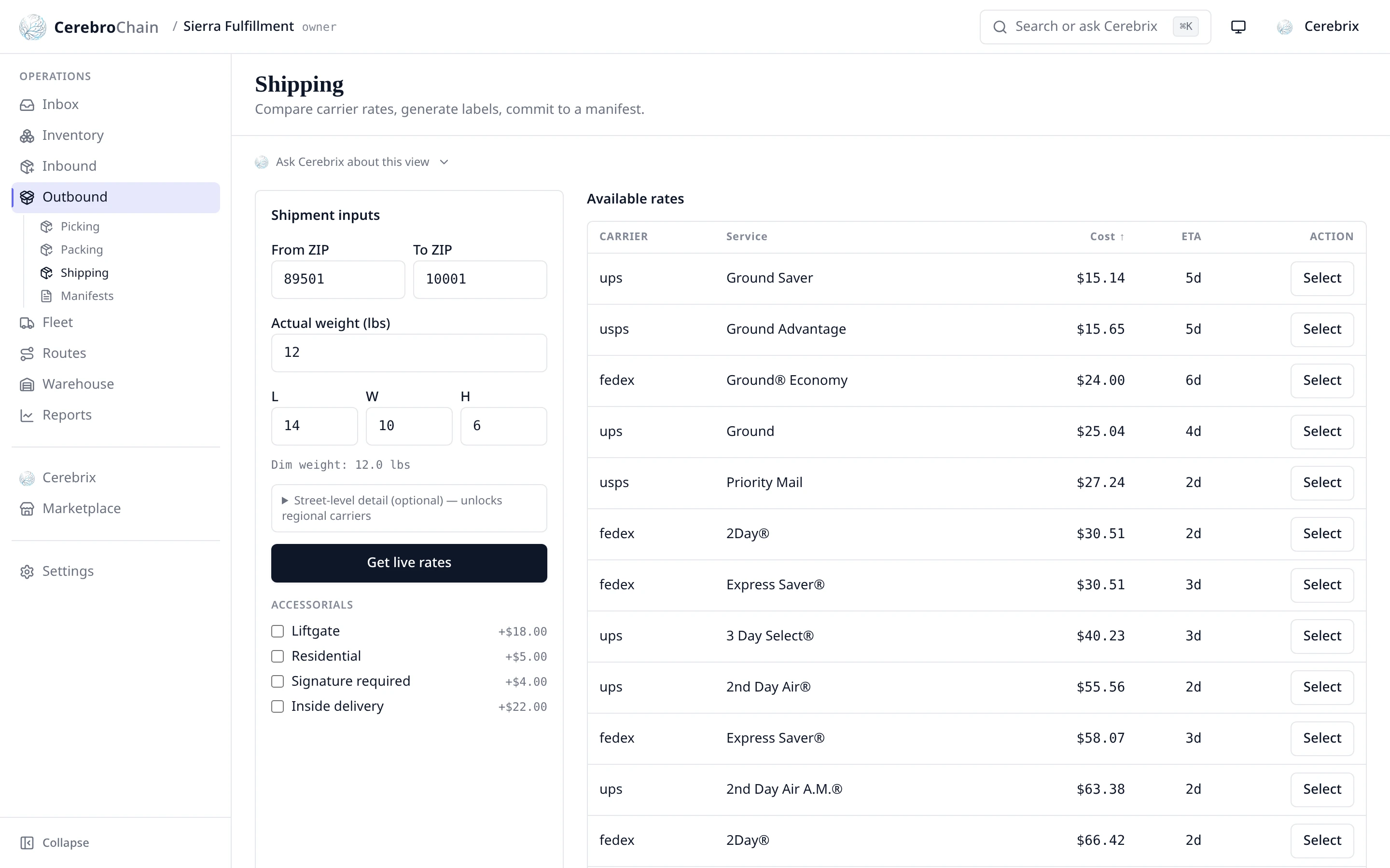 CerebroChain console — Shipping hub quoting live UPS, USPS, and FedEx rates for a parcel.